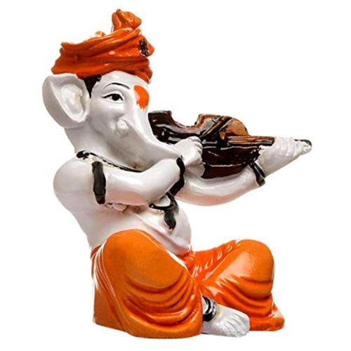 Unique Little Lord Ganesha Playing Violin Idol Orange Best for Home Decor - Karigaari India Aesthetic Home Decor