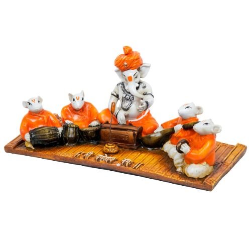 Unique Design Little Lord Ganesha Playing Instruments With Mouse Idol Orange Best Item for Home Decor - Karigaari India Aesthetic Home Decor