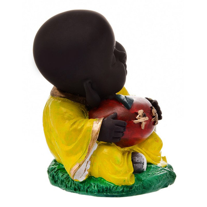 Handcrafted Ployresin Sitting With Taking Apple In Hand Lord Buddha Statue Showpiece Home Decor/Office Decor/Spiritual Gift, Yellow Colour - Karigaari India Aesthetic Home Decor