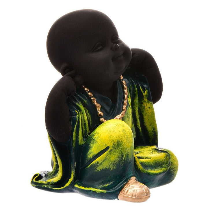 Handcrafted Ployresin Green Colour Sitting And Putting Fingers In Ears Lord Buddha Statue Showpiece Home Decor/Office Decor/Spiritual Gift - Karigaari India Aesthetic Home Decor