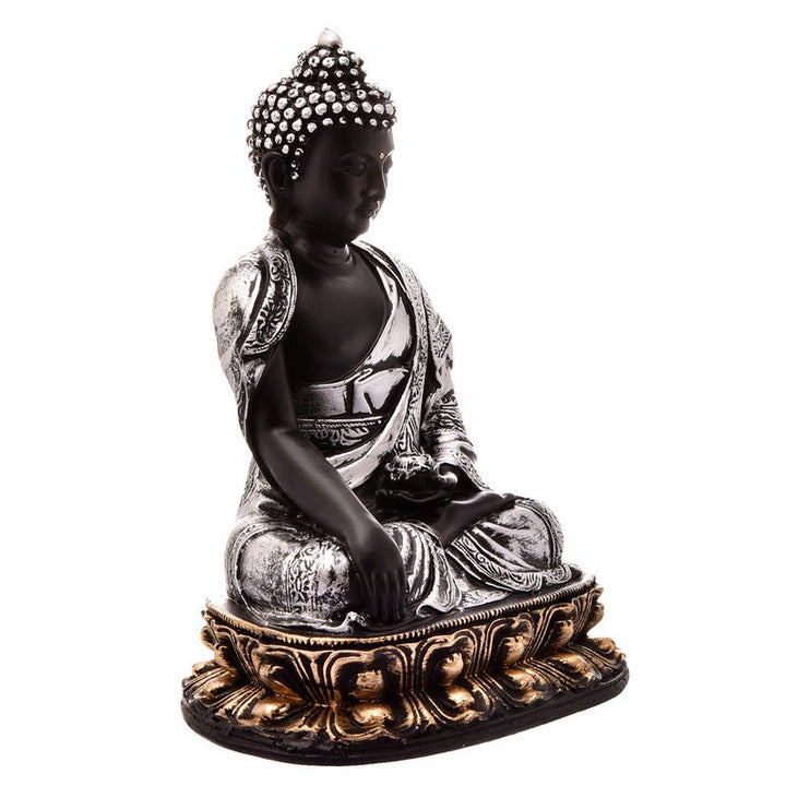 Handcrafted Ployresin Lord Buddha Grey And Black Colour Sitting Statue Sitting On Golden Colour Table Showpiece Home Decor/Office Decor/Spiritual Gift - Karigaari India Aesthetic Home Decor