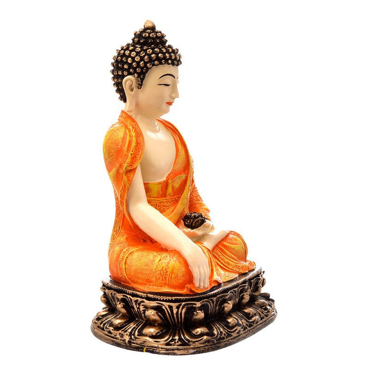 Handcrafted Ployresin Lord Buddha Orange Colour Sitting Statue Sitting On Golden Colour Table Showpiece Home Decor/Office Decor/Spiritual Gift - Karigaari India Aesthetic Home Decor