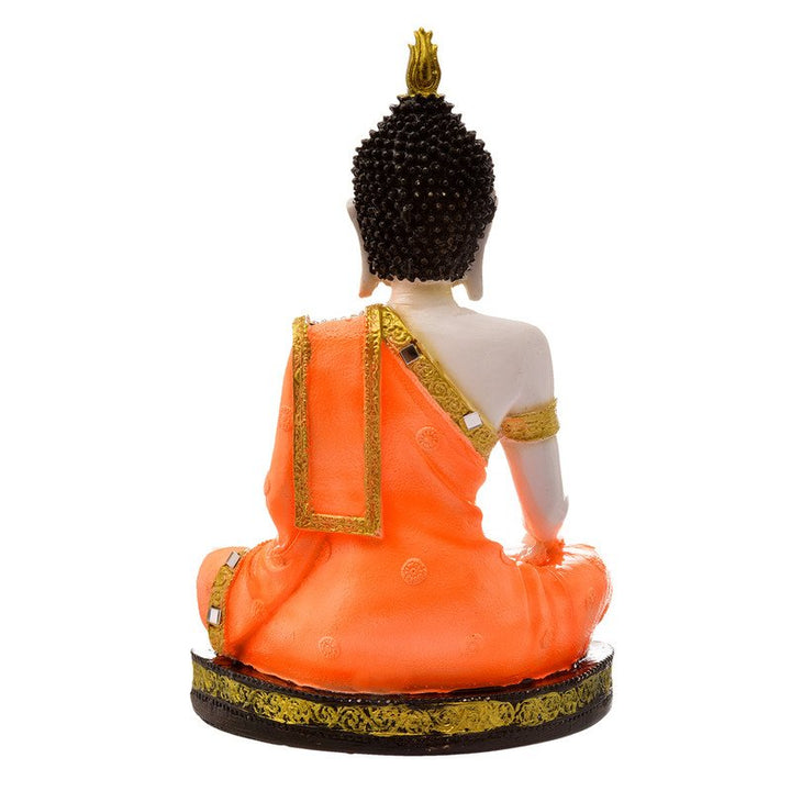 Handcrafted Ployresin Lord Buddha Meditating Statue Sitting On Golden Colour Table Showpiece Home Decor/Office Decor/Spiritual Gift, Orange Colour - Karigaari India Aesthetic Home Decor