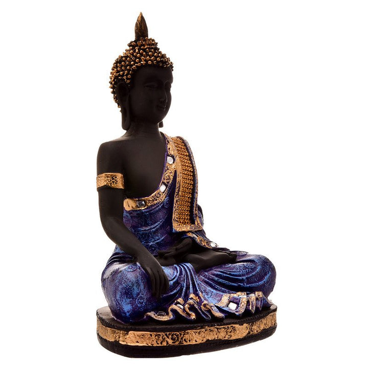 Handcrafted Ployresin Lord Buddha Meditating Statue Sitting On Golden Colour Table Showpiece Home Decor/Office Decor/Spiritual Gift, Black And Dark Purple Colour - Karigaari India Aesthetic Home Decor