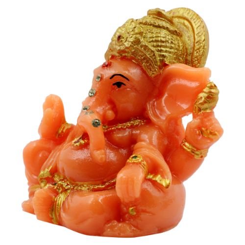 Lord Ganesha sitting Wearing Golden Crown Orange Colour Idol for Home Decor - Karigaari India Aesthetic Home Decor