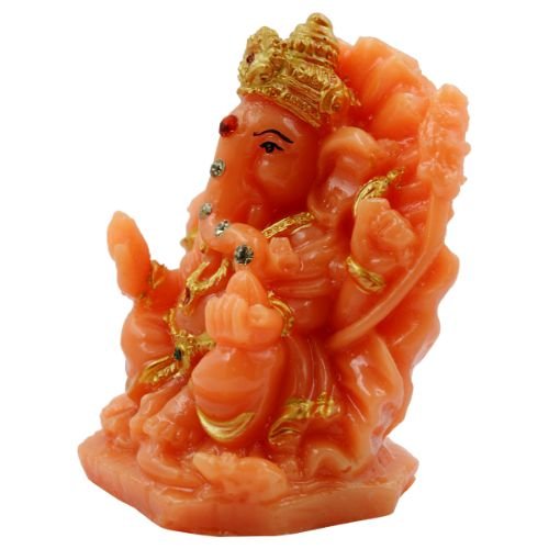 Lord Ganesha sitting On Sihansan Crown Orange Colour Idol for Home Decor - Karigaari India Aesthetic Home Decor