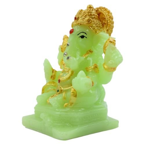 Small Lord Ganesha With Rat Sitting Wearing Gold Ornaments Crystal Green Idol for Home Decor - Karigaari India Aesthetic Home Decor