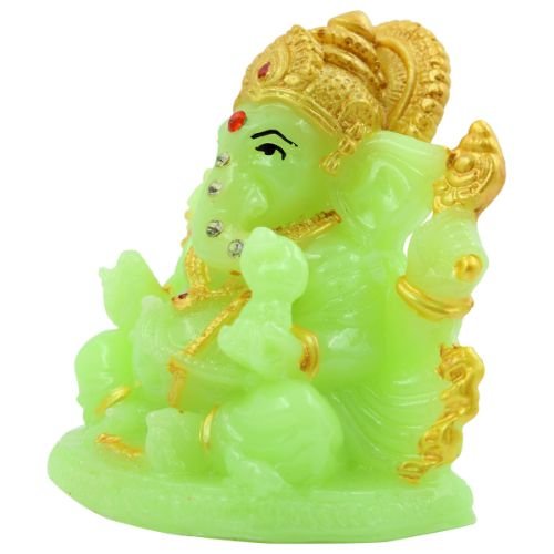 Lord Ganesha sitting Unique Crystal Green Colour Idol with Golden Ornaments for Home Decor - Karigaari India Aesthetic Home Decor