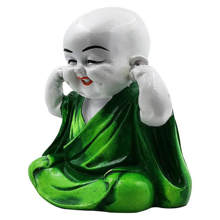 Handcrafted Ployresin Lord Buddha Sitting With Putting Fingers In Ears Statue Showpiece Home Decor/Office Decor/Spiritual Gift, White And Green - Karigaari India Aesthetic Home Decor