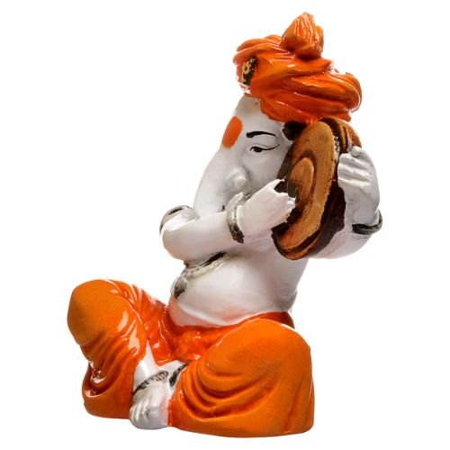 Unique Little Lord Ganesha Playing Dafli Idol Orange Best for Home Decor - Karigaari India Aesthetic Home Decor