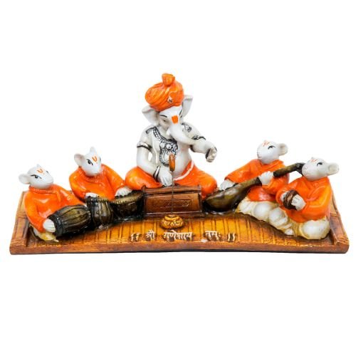Unique Design Little Lord Ganesha Playing Instruments With Mouse Idol Orange Best Item for Home Decor - Karigaari India Aesthetic Home Decor