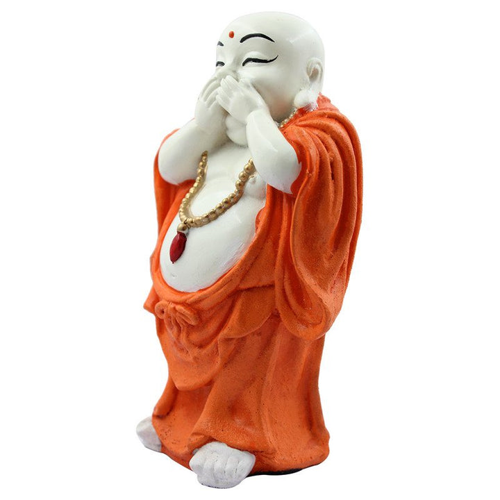 Handcrafted Ployresin Lord Buddha Standing With Putting Hand On Mouth Statue Showpiece Home Decor/Office Decor/Spiritual Gift, White And Orange - Karigaari India Aesthetic Home Decor