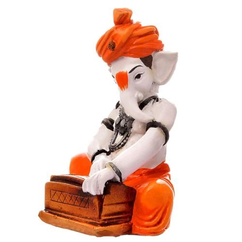 Unique Design Lord Ganesha Playing Instruments Idol Orange Best Item for Home Decor - Karigaari India Aesthetic Home Decor