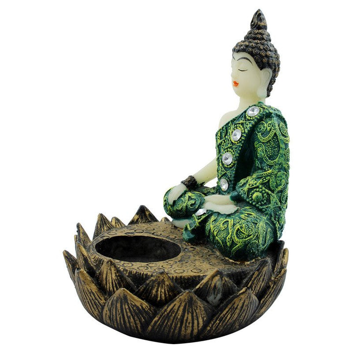 Handcrafted Ployresin Lord Buddha Sitting On Lotus Statue Showpiece Home Decor/Office Decor/Spiritual Gift, Green And Brown - Karigaari India Aesthetic Home Decor