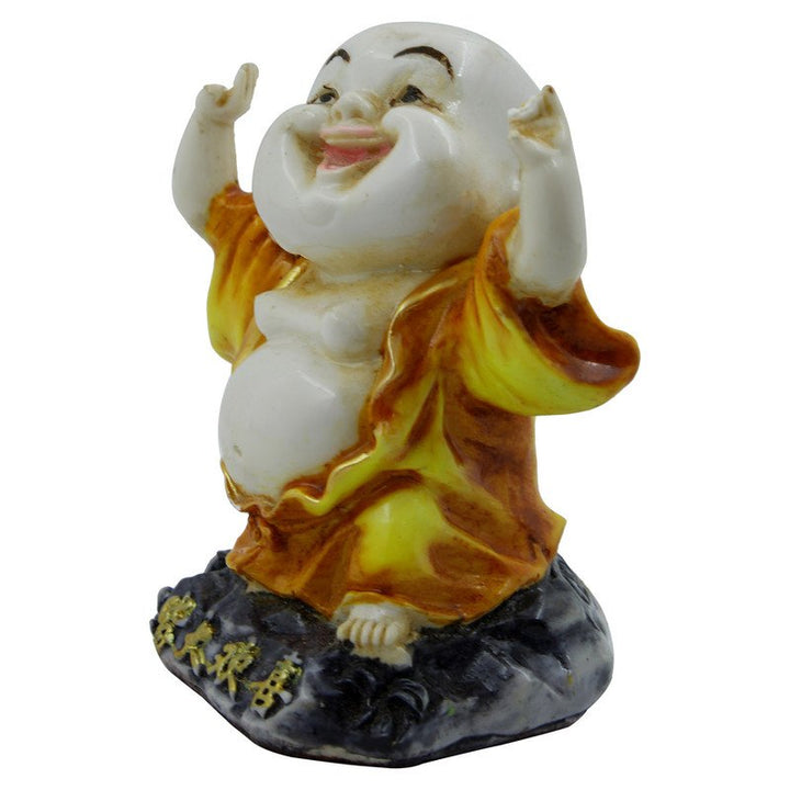 Handcrafted Ployresin Lord Buddha Laughing And Standing Statue Showpiece Home Decor/Office Decor/Spiritual Gift, White And Yellow - Karigaari India Aesthetic Home Decor