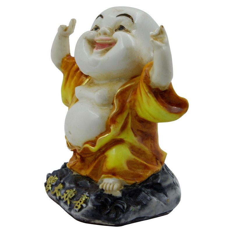 Handcrafted Ployresin Lord Buddha Laughing And Standing Statue Showpiece Home Decor/Office Decor/Spiritual Gift, White And Yellow - Karigaari India Aesthetic Home Decor