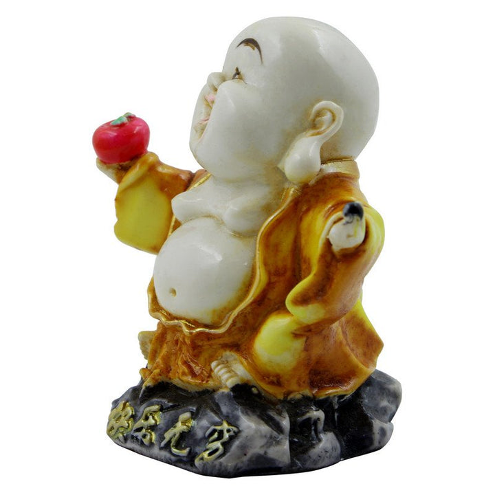 Handcrafted Ployresin Lord Buddha Laughing And Standing With Taking Apple in Hand White And Yellow Statue Showpiece Home Decor/Office Decor/Spiritual Gift - Karigaari India Aesthetic Home Decor