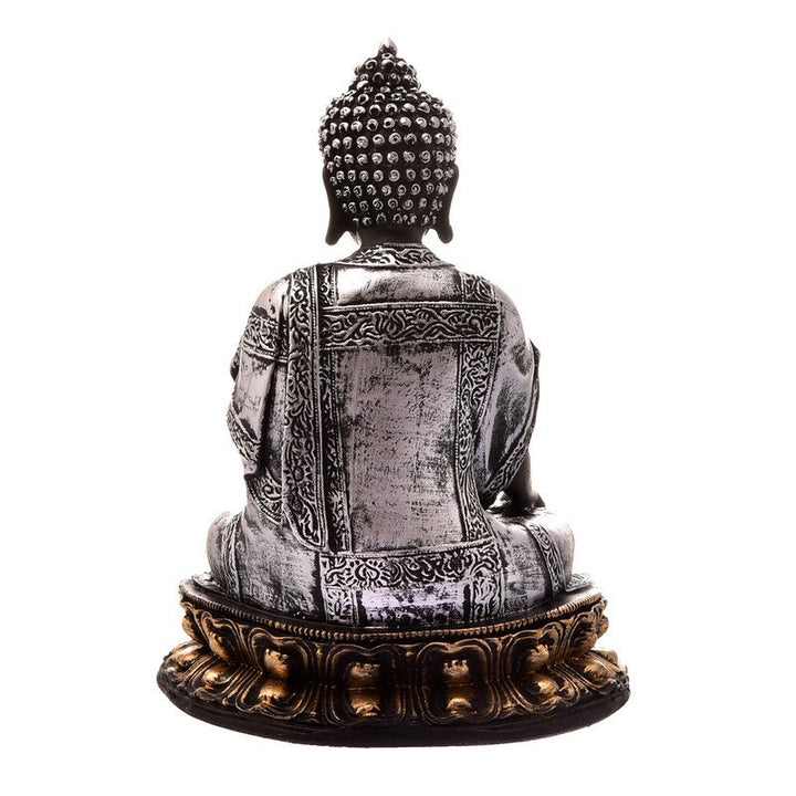 Handcrafted Ployresin Lord Buddha Grey And Black Colour Sitting Statue Sitting On Golden Colour Table Showpiece Home Decor/Office Decor/Spiritual Gift - Karigaari India Aesthetic Home Decor