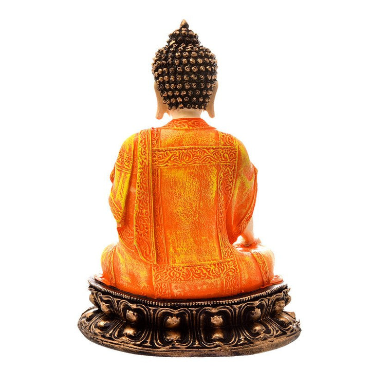 Handcrafted Ployresin Lord Buddha Orange Colour Sitting Statue Sitting On Golden Colour Table Showpiece Home Decor/Office Decor/Spiritual Gift - Karigaari India Aesthetic Home Decor