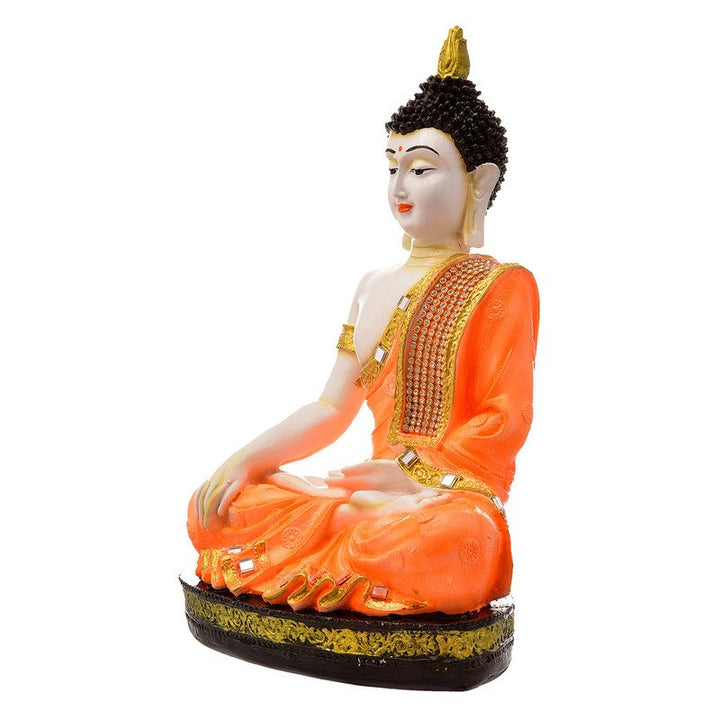 Handcrafted Ployresin Lord Buddha Meditating Statue Sitting On Golden Colour Table Showpiece Home Decor/Office Decor/Spiritual Gift, Orange Colour - Karigaari India Aesthetic Home Decor