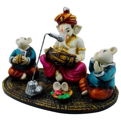 Lord Ganesha Playing Instrument With Mouse Idol for Home Decor - Karigaari India Aesthetic Home Decor