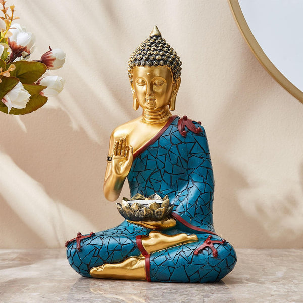 Resin Buddha Statue with Lotus in Hand Meditating Buddha Idol for Home Decor, Office & Gifting | Spiritual Showpiece for Peace & Prosperity
