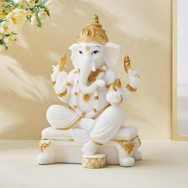 Auspicious Golden Lord Ganesha Statue  | Seated Ganesh Idol for Home Temple, Divine Wisdom & Prosperity | Remover of Obstacles Polyresin Home Decor & Spiritual Gift