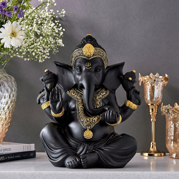 Matte Black Ganesha Idol Resin Ganpati Murti for Mandir, Living Room & Gifting - Karigaari India Aesthetic Home Decor