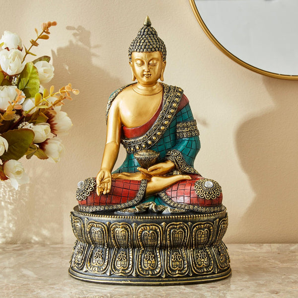 Buddha Statue on Ornate Lotus Base | Resin Idol for Meditation & Home Decor - Karigaari India Aesthetic Home Decor