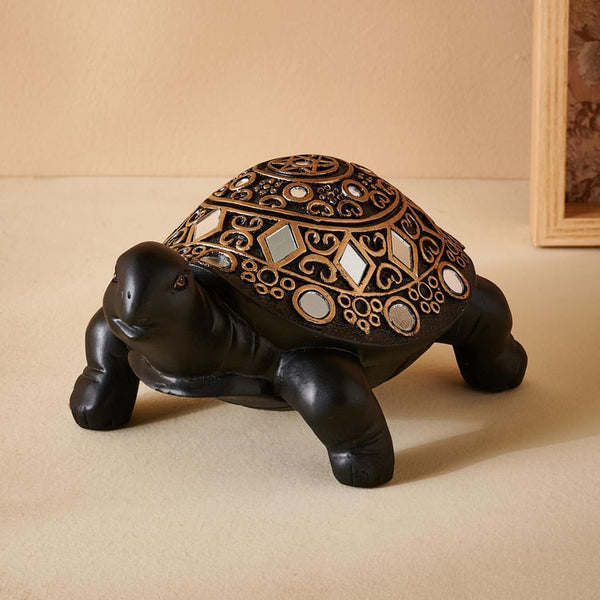 Auspicious Black & Gold Tortoise Figurine with Dazzling Mirror Work  | Vastu Lucky Turtle Statue for Longevity, Prosperity & Good Fortune | Elegant Home Office Decor & Spiritual Gift