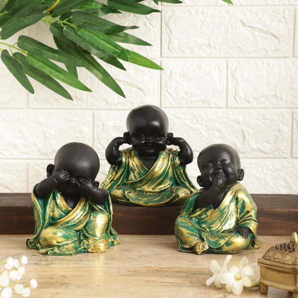 Zen See No Evil, Hear No Evil, Speak No Evil Buddha Monks Set  - Resin Statues for Peace & Wisdom Decor