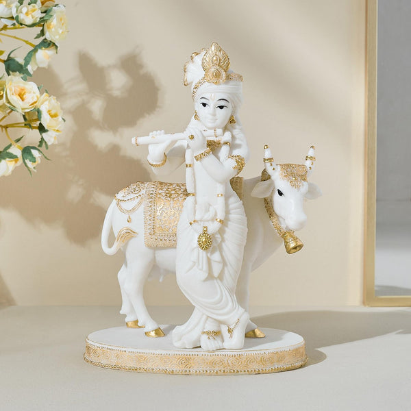 Karigaari India White & Gold Resin Krishna with Cow Idol | Handcrafted Lord Krishna Playing Flute Figurine | Elegant Spiritual Home Decor Showpiece for Temple, Living Room, Gift Purpose