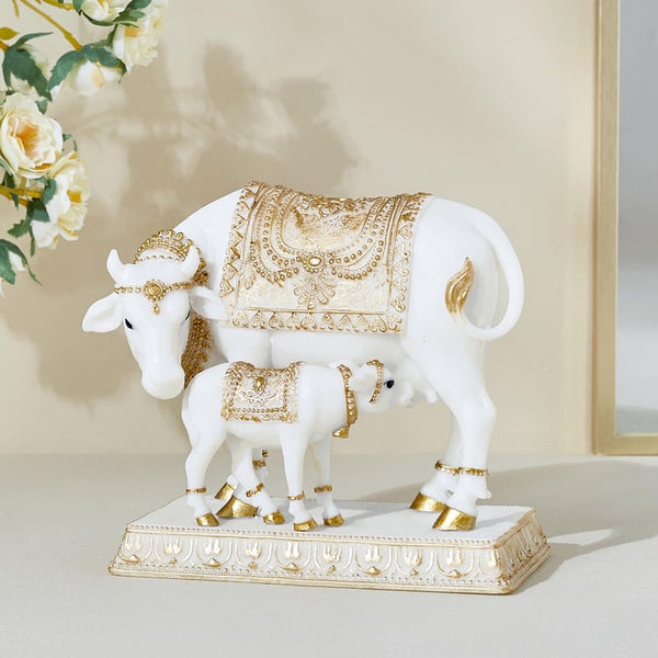 Auspicious White & Gold Kamdhenu Cow and Calf Statue | Divine Nandi Idol for Prosperity, Fertility & Abundance | Sacred Home Mandir Decor & Spiritual Gift