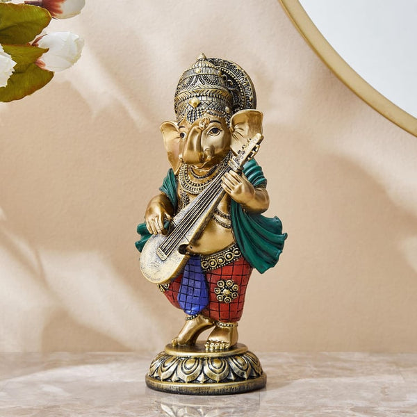 Exquisite Standing Lord Ganesha Statue Playing Sitar | Premium Golden Polyresin Idol for Artistic Prosperity, Wisdom & Divine Home Decor Gift