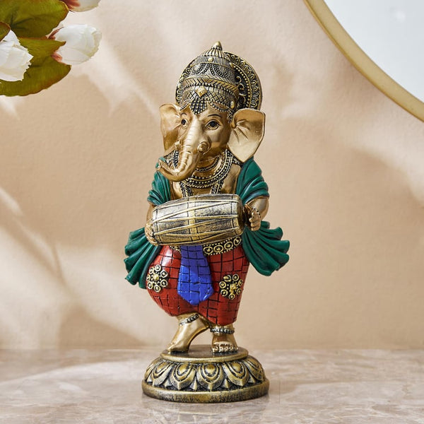 Vibrant Standing Lord Ganesha Statue Playing Dholak Drum | Premium Golden Polyresin Idol for Divine Rhythm, Prosperity & Auspicious Home Decor Gift