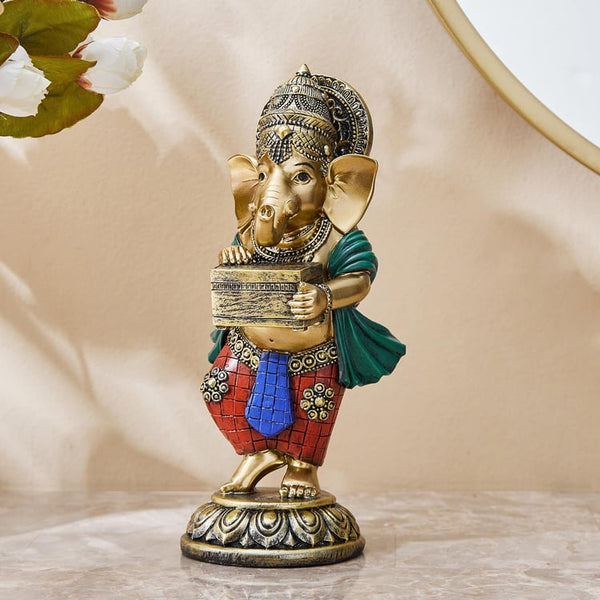 Vibrant Standing Lord Ganesha Statue with Musical Box / Miniature Harmonium | Premium Golden Polyresin Idol for Prosperity, Arts & Divine Home Decor Gift