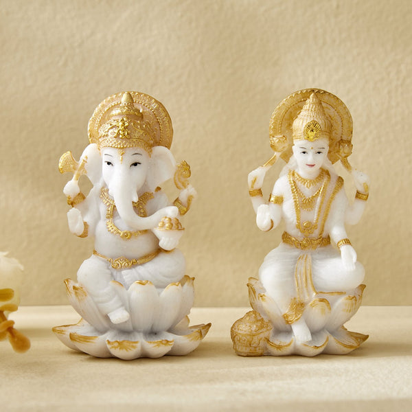 Divine White Ganesha & Laxmi Figurine Set with Gold Accents  | Polyresin Idols for Wealth, Wisdom, Diwali & Auspicious Home Temple Decor Gift
