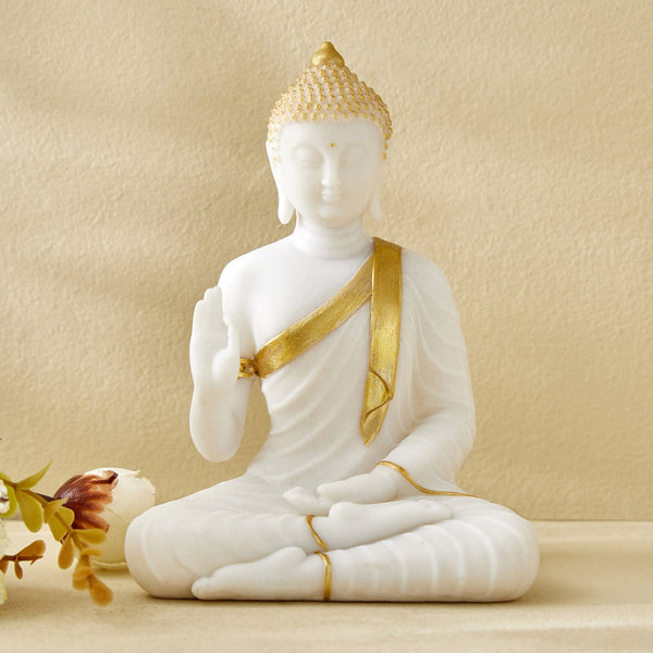 Tranquil White Buddha with Gold Detail | Resin Statue for Calm Interiors I Resin Statue for Modern Meditation Spaces - Karigaari India Aesthetic Home Decor