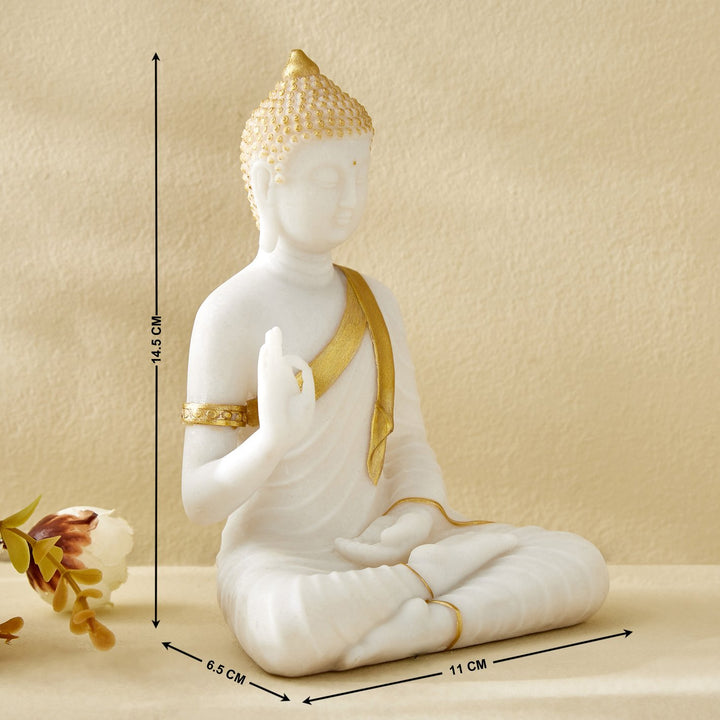 Tranquil White Buddha with Gold Detail | Resin Statue for Calm Interiors I Resin Statue for Modern Meditation Spaces - Karigaari India Aesthetic Home Decor