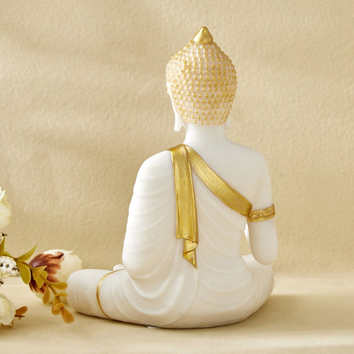 Tranquil White Buddha with Gold Detail | Resin Statue for Calm Interiors I Resin Statue for Modern Meditation Spaces - Karigaari India Aesthetic Home Decor