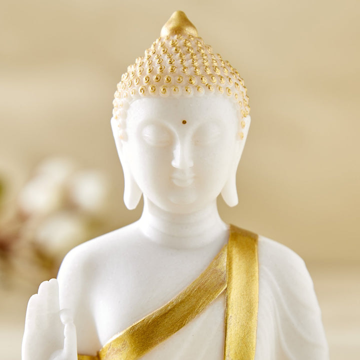 Tranquil White Buddha with Gold Detail | Resin Statue for Calm Interiors I Resin Statue for Modern Meditation Spaces - Karigaari India Aesthetic Home Decor