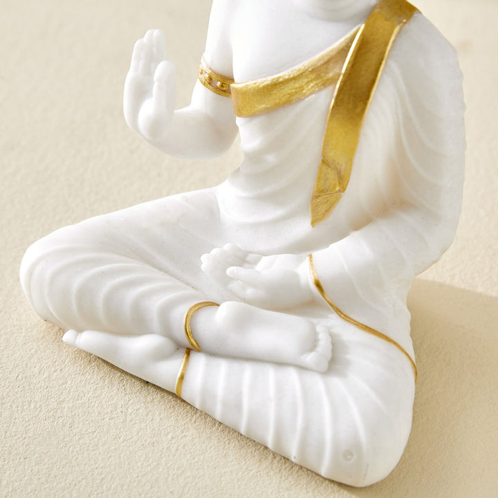 Tranquil White Buddha with Gold Detail | Resin Statue for Calm Interiors I Resin Statue for Modern Meditation Spaces - Karigaari India Aesthetic Home Decor