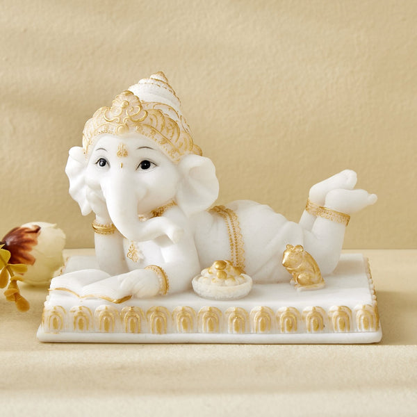 Reading Ganpati Idol White & Gold Resin Ganesha Statue for Home Decor & Gifting - Karigaari India Aesthetic Home Decor