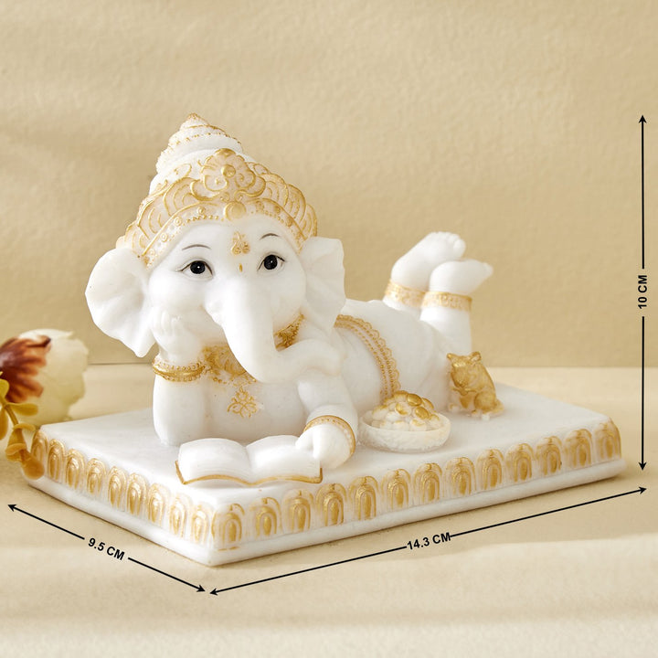 Reading Ganpati Idol White & Gold Resin Ganesha Statue for Home Decor & Gifting - Karigaari India Aesthetic Home Decor