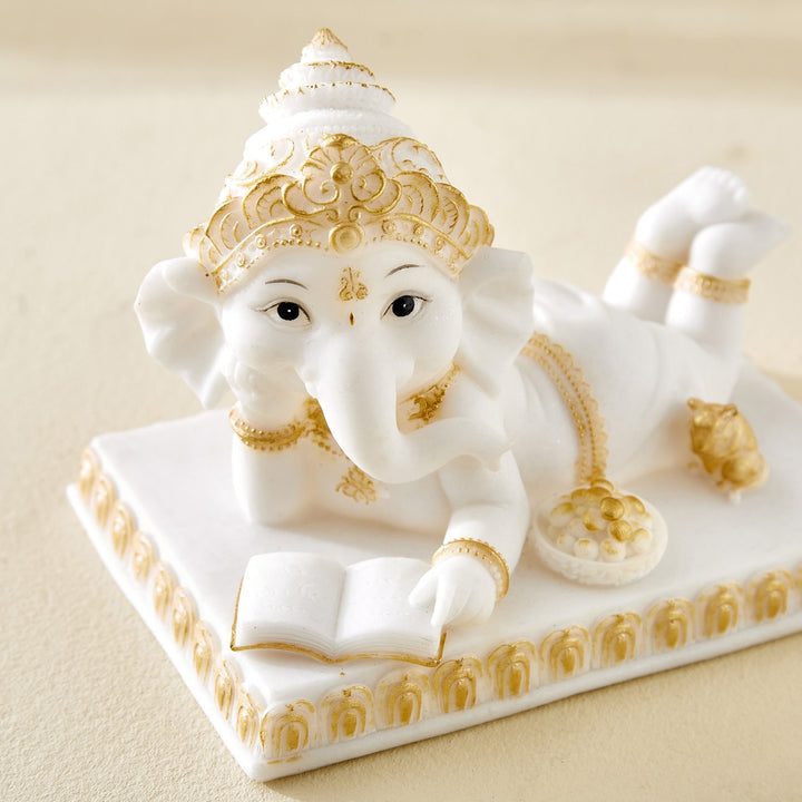 Reading Ganpati Idol White & Gold Resin Ganesha Statue for Home Decor & Gifting - Karigaari India Aesthetic Home Decor