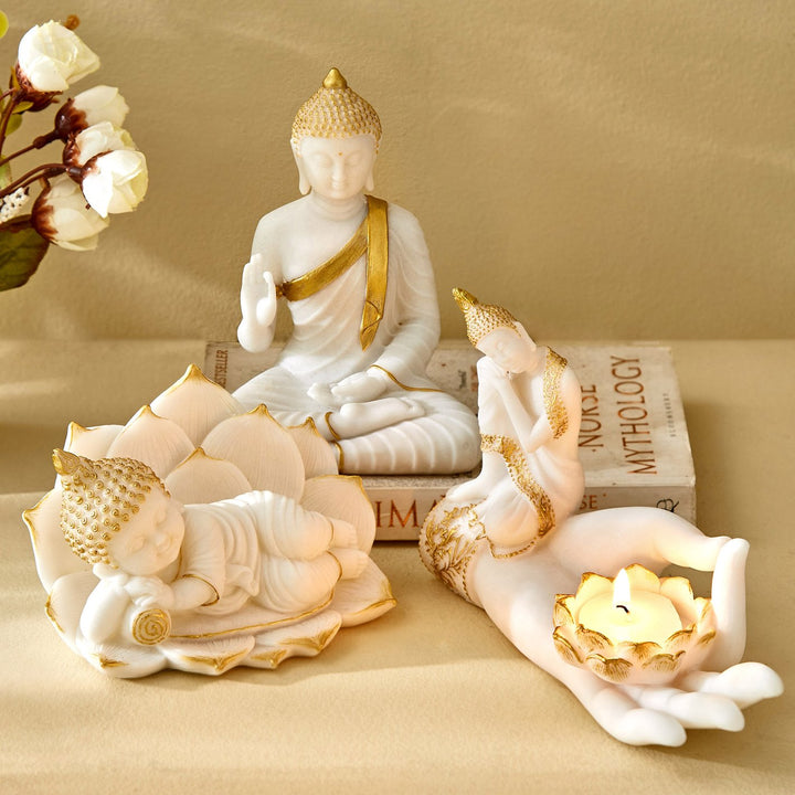 Buddha Trio Statue Set | Seated, Reclining, Candle Holder - Resin Decor-Resin Set for Meditation & Peaceful Home - Karigaari India Aesthetic Home Decor