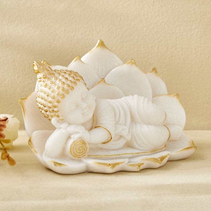 Blissful Baby Buddha Idol in White & Gold – Handcrafted Resin Figurine - Karigaari India Aesthetic Home Decor