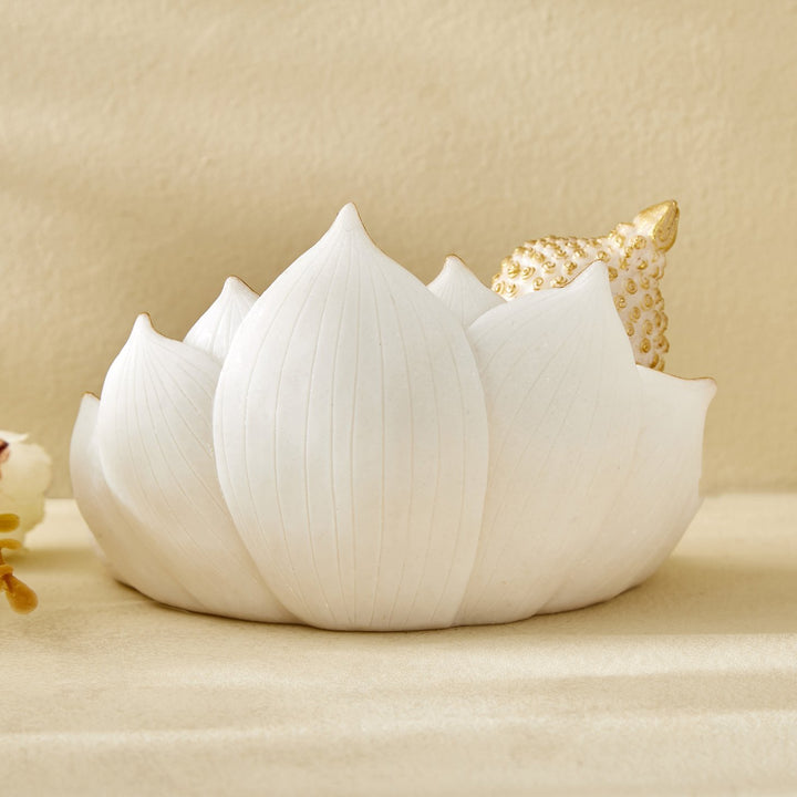 Blissful Baby Buddha Idol in White & Gold – Handcrafted Resin Figurine - Karigaari India Aesthetic Home Decor