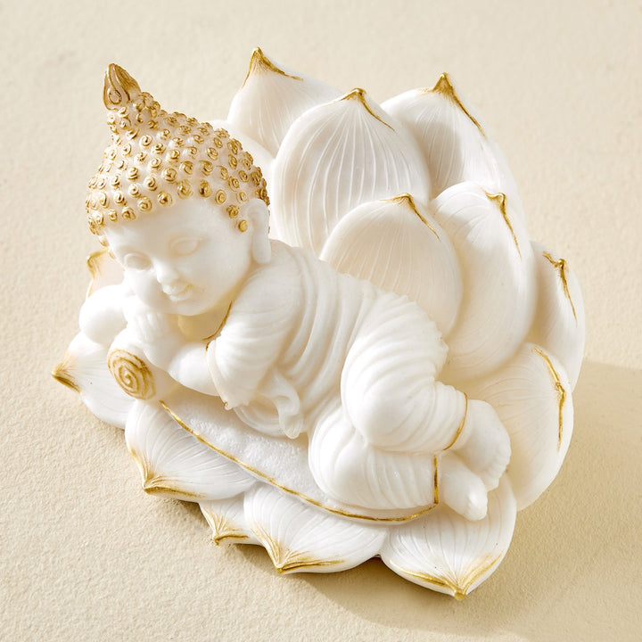Blissful Baby Buddha Idol in White & Gold – Handcrafted Resin Figurine - Karigaari India Aesthetic Home Decor