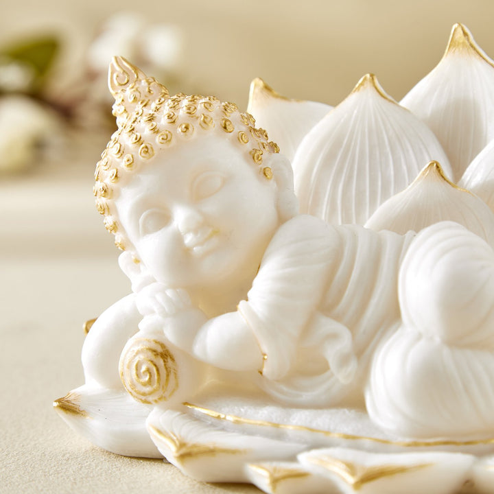 Blissful Baby Buddha Idol in White & Gold – Handcrafted Resin Figurine - Karigaari India Aesthetic Home Decor